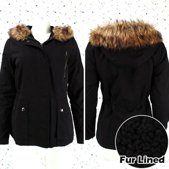 Black Fur lined Utility Jacket Faux Fur Hood - Picture 1 of 13